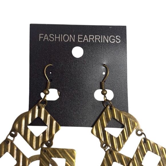 Bronze Geometric Square Hollow Chandelier Dangle Fashion Earrings Deco Boho 4.5" - Picture 3 of 5